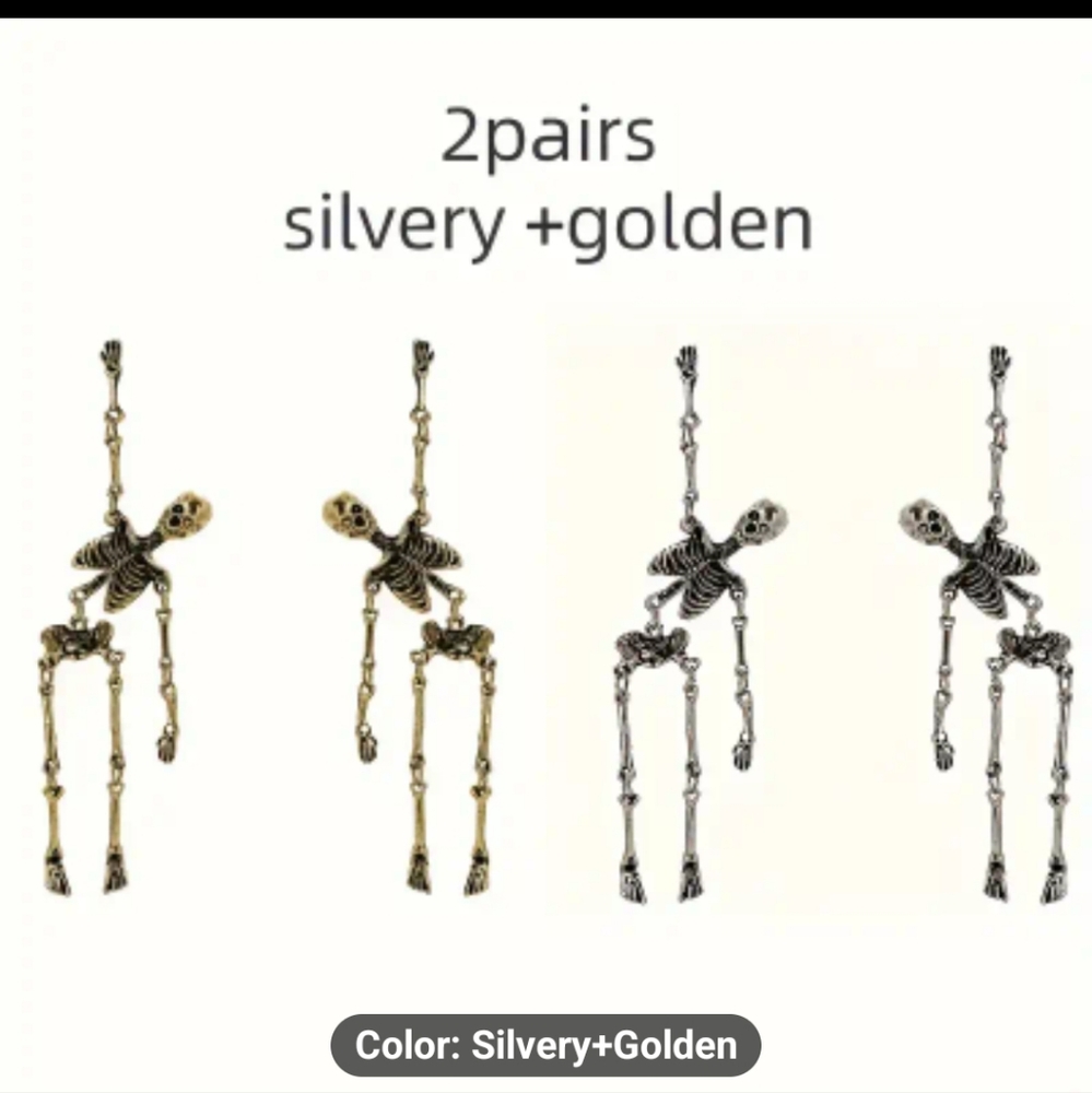 Skellington Earrings, gold and silver